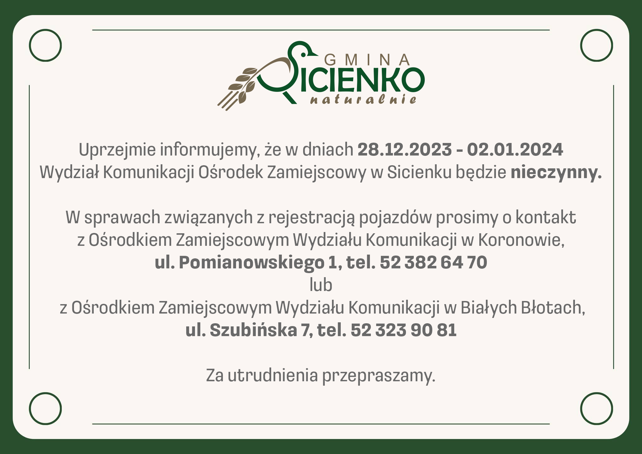 Wydział komunikacji nieczynny w dniach od 28.12.2023 do 02.01.2024 r.