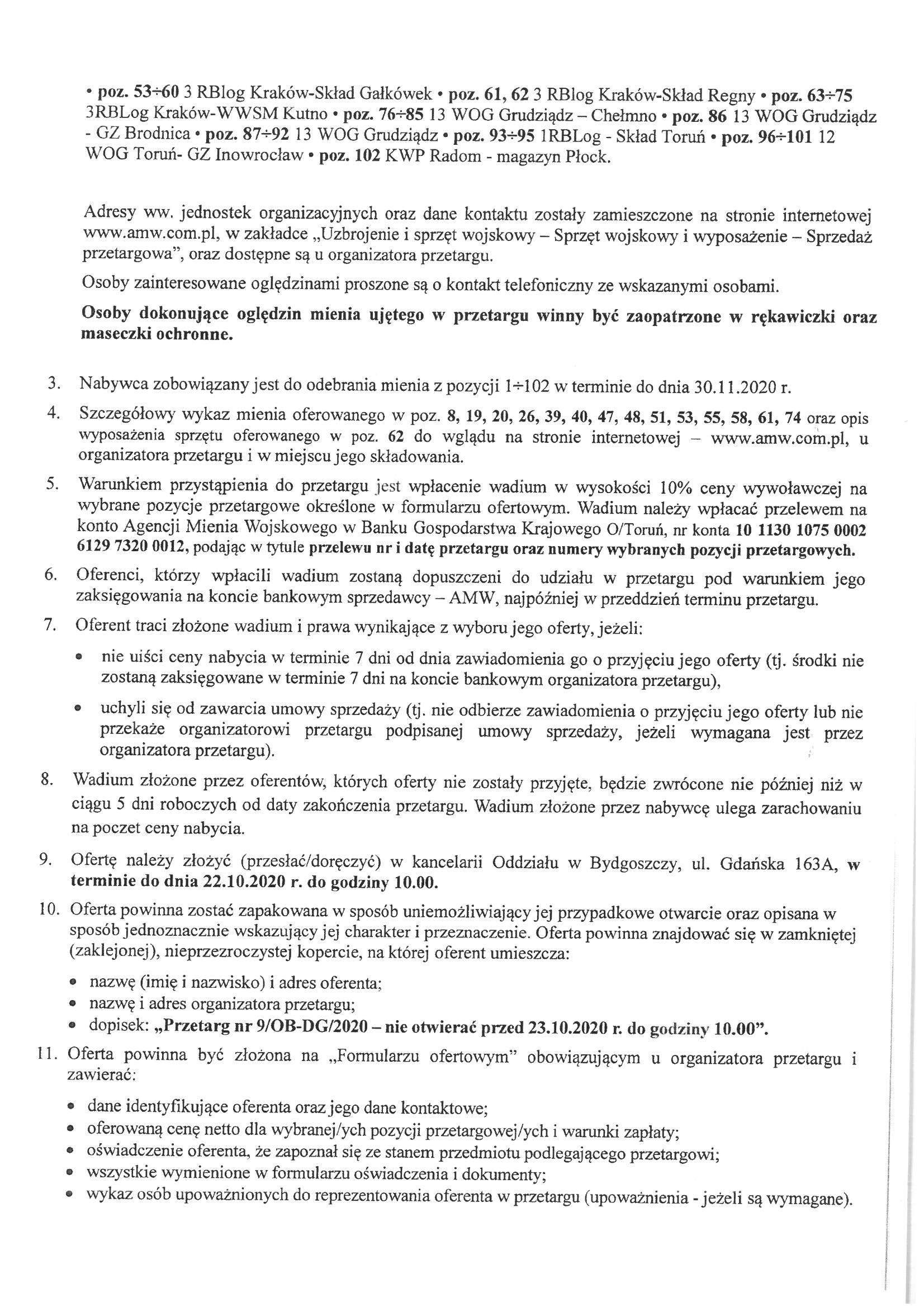 Agencja Mienia Wojskowego ogłasza przetarg publiczny pisemny na sprzedaż rzeczy ruchomych niekoncesjonowanych-treść przetargu