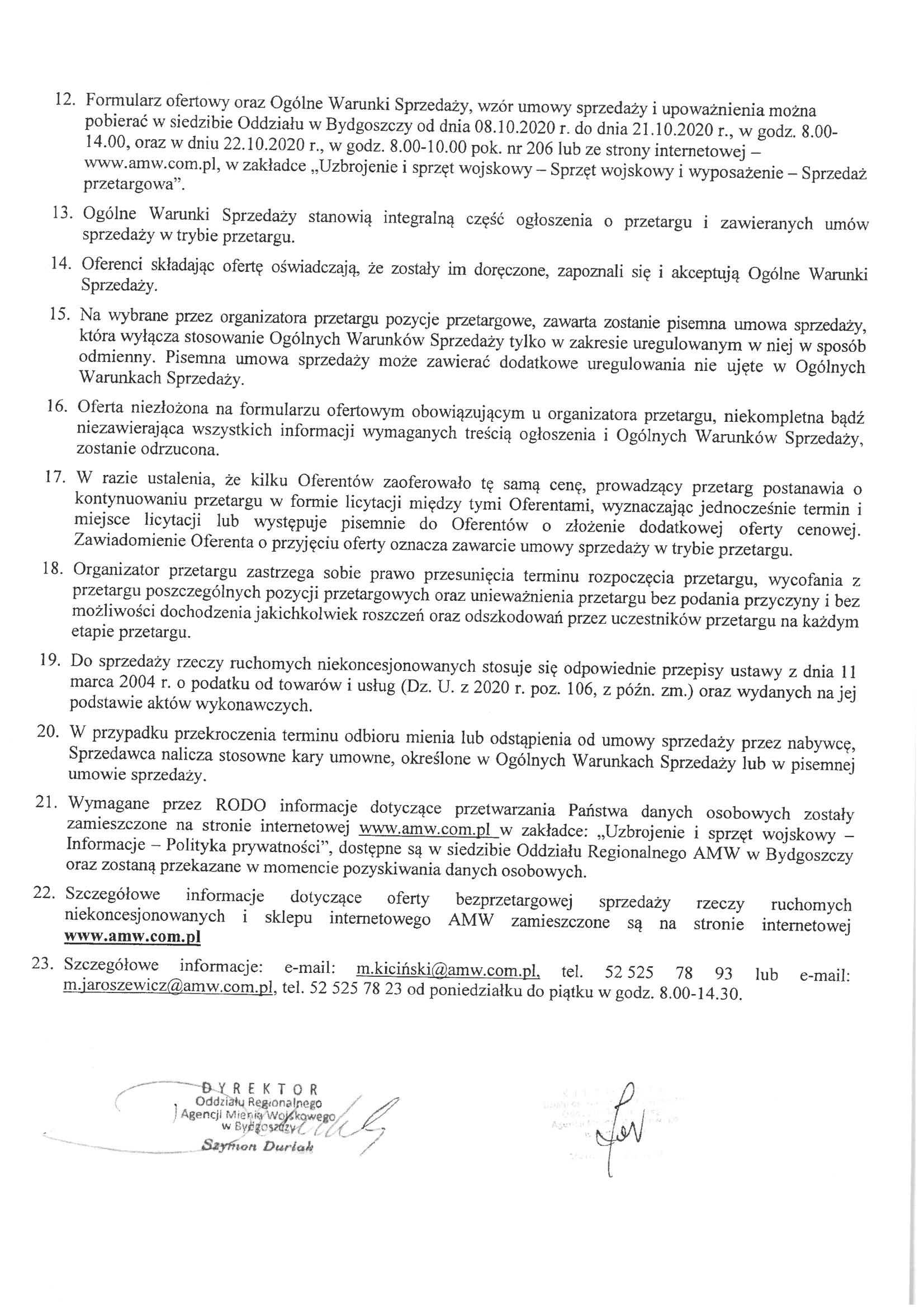 Agencja Mienia Wojskowego ogłasza przetarg publiczny pisemny na sprzedaż rzeczy ruchomych niekoncesjonowanych-treść przetargu