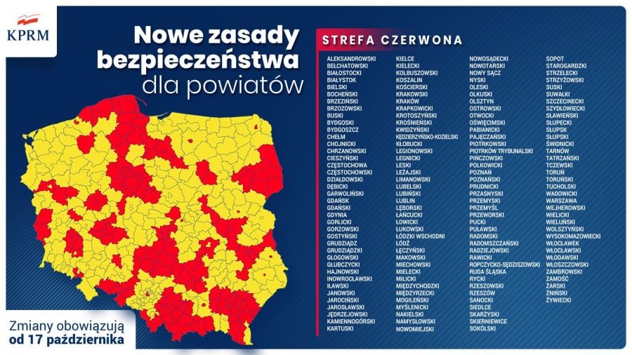 mapa Polski z naniesionymi obszarami strefy czerwonej i żółtej
