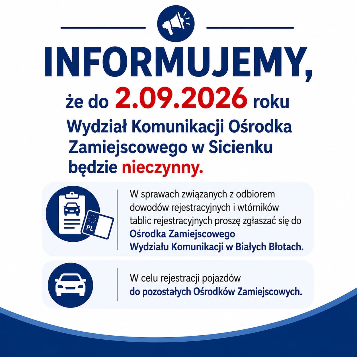 Do 02.09.2026 r. Wydział Komunikacji Ośrodka Zamiejscowego w Sicienku nieczynny